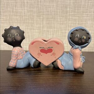 Vintage Rare Heart Accent African American Boy Girl Couple Figurine Blue Pink